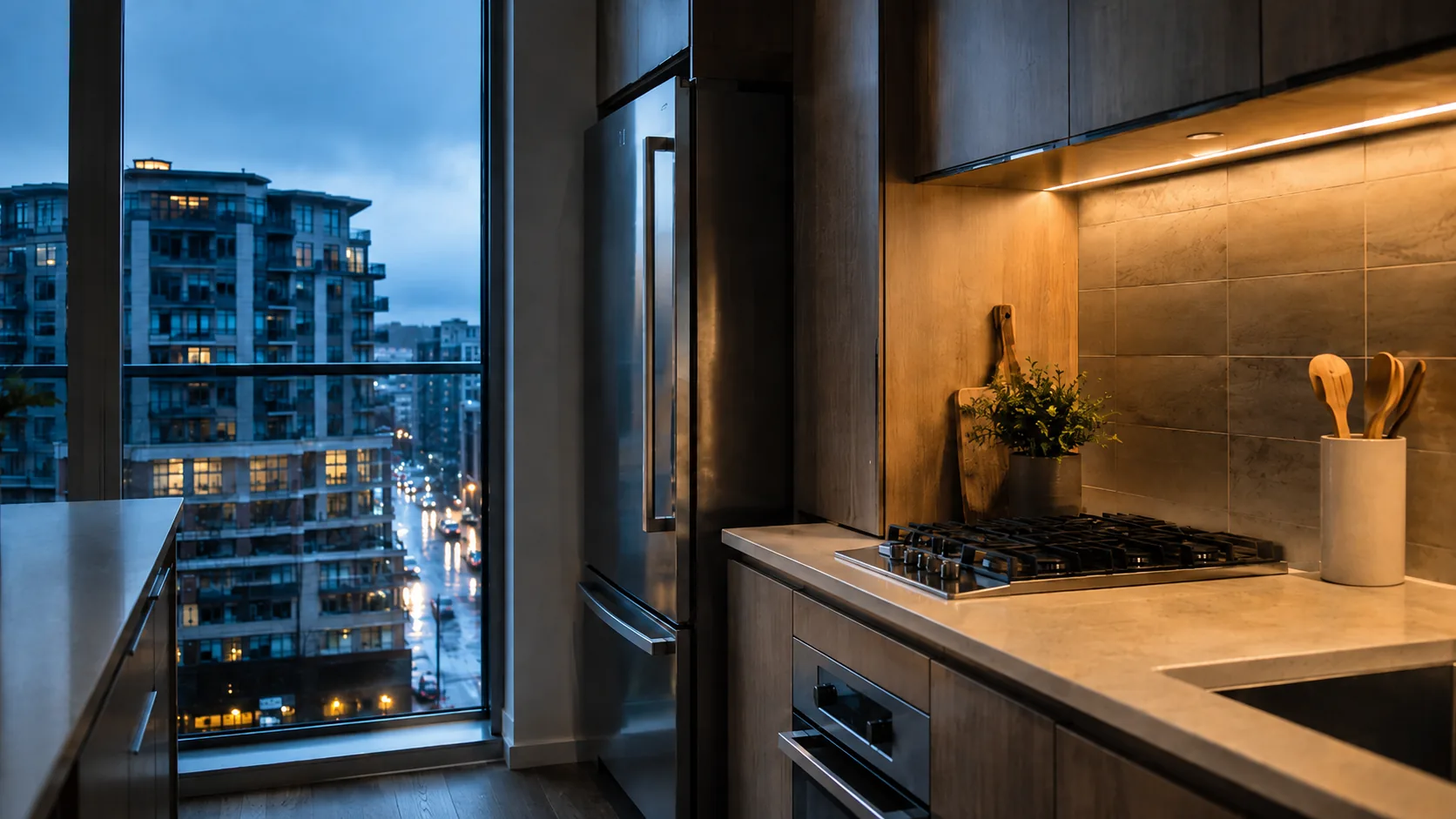 Modern Burnaby condo kitchen at dusk showing the narrow gaps behind appliances where German cockroaches shelter