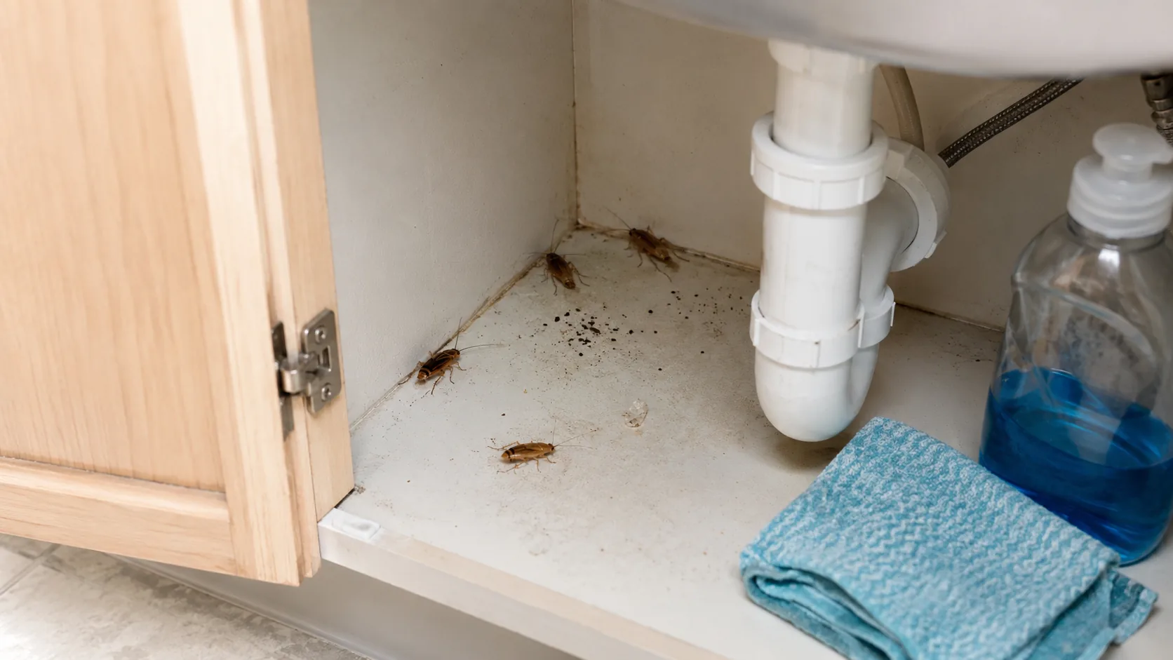 German cockroaches, droppings and a shed skin inside an under-sink kitchen cabinet, the early warning signs of an infestation