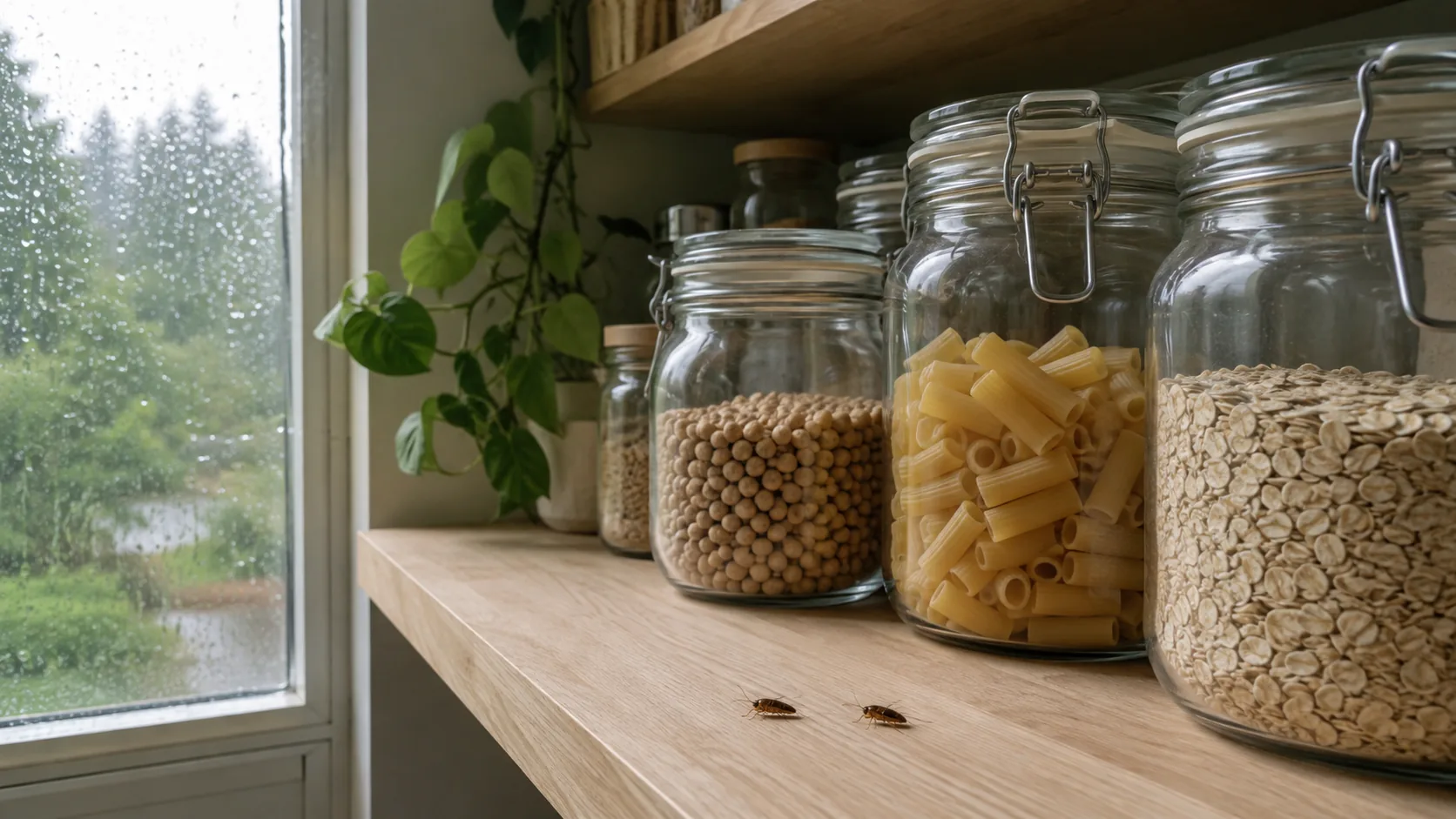 German cockroaches on a pantry shelf, unable to reach dry food stored in sealed airtight glass containers