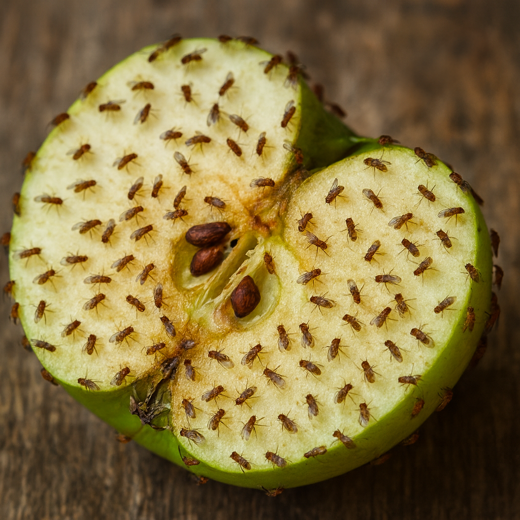 Close-up of fruit flies around overripe fruit in a kitchen, showing common household pest problem