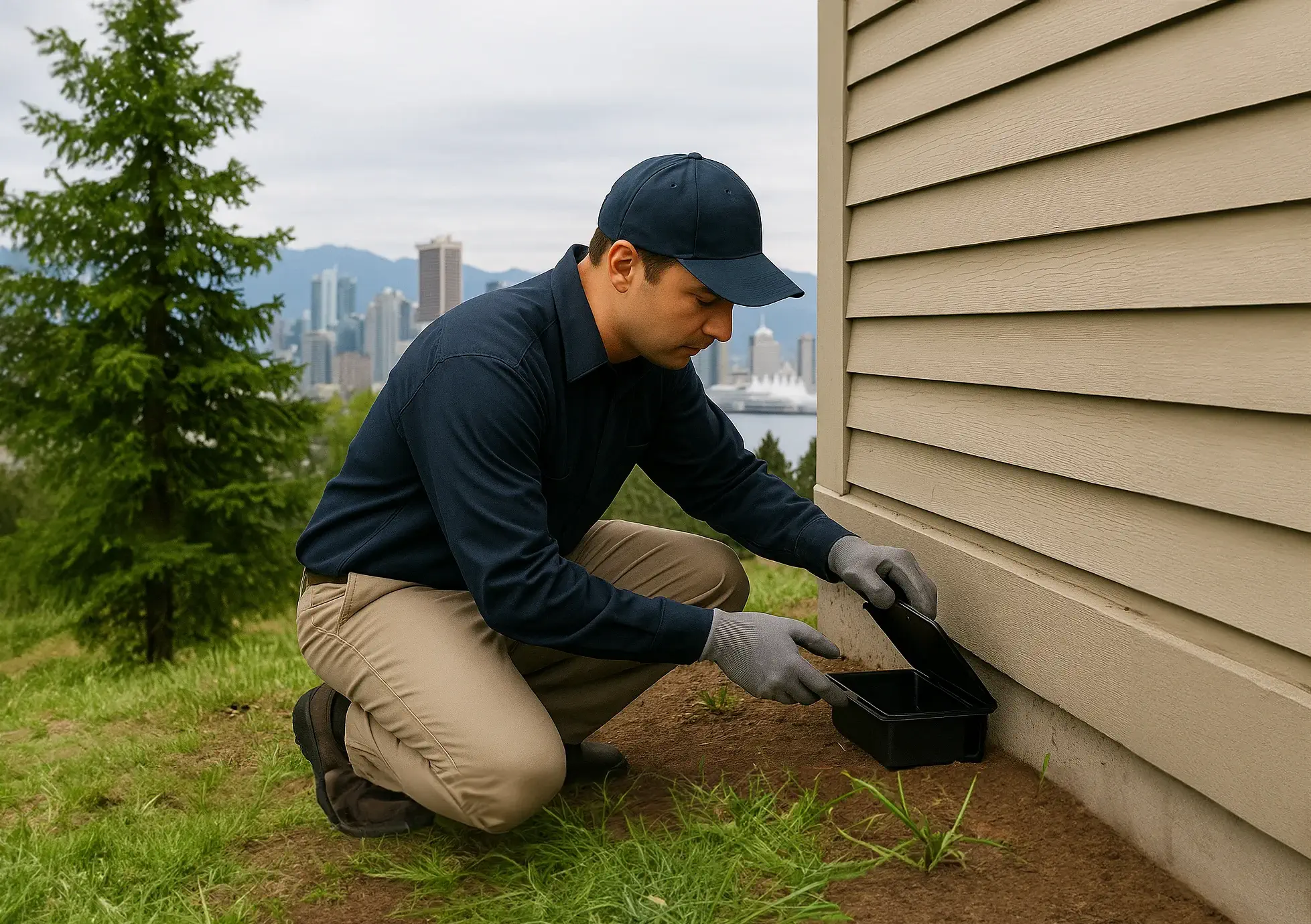 Pest control technician inspecting a rat trap outside a Vancouver home with the city skyline in the background