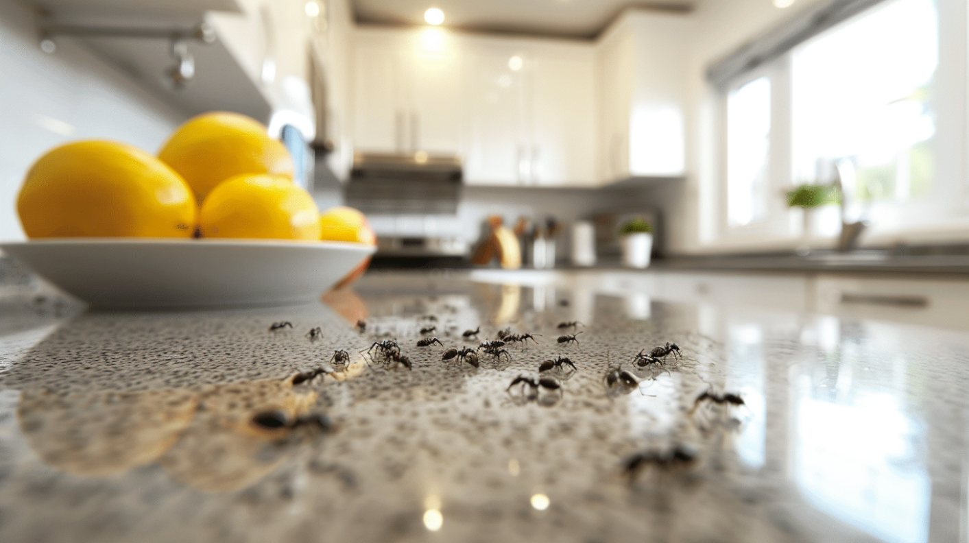 Pest control technician inspecting ants on kitchen counter